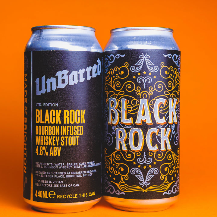 Black Rock stout can beside a glass of dark stout, showcasing a bourbon barrel–aged Irish-style stout with notes of coffee, chocolate, vanilla, and whiskey.