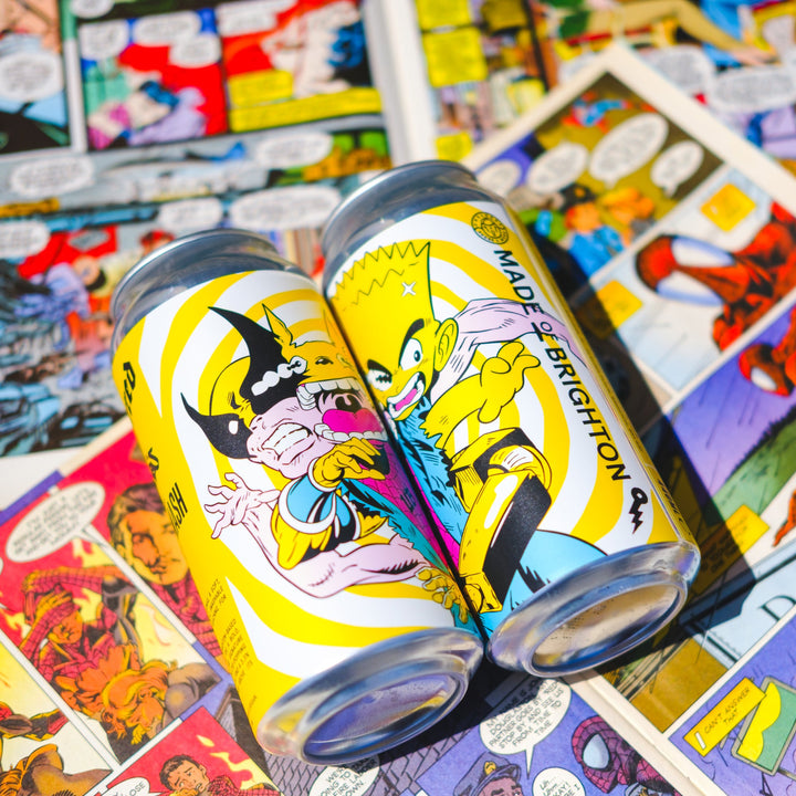 Colorful comic book-style can design with a character on a table with other similar cans and comic books