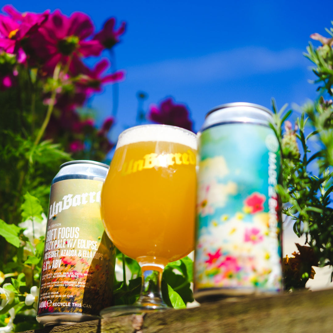 Two craft beer cans and a filled tulip glass on a wooden surface outdoors, surrounded by greenery and bright pink flowers under a blue sky. The can labels show the brand UnBarrett.